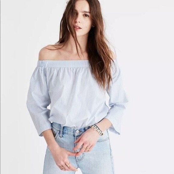 Madewell Clean Off The Shoulder Top Womens Size XS Blue White Striped Casual - Picture 5 of 11